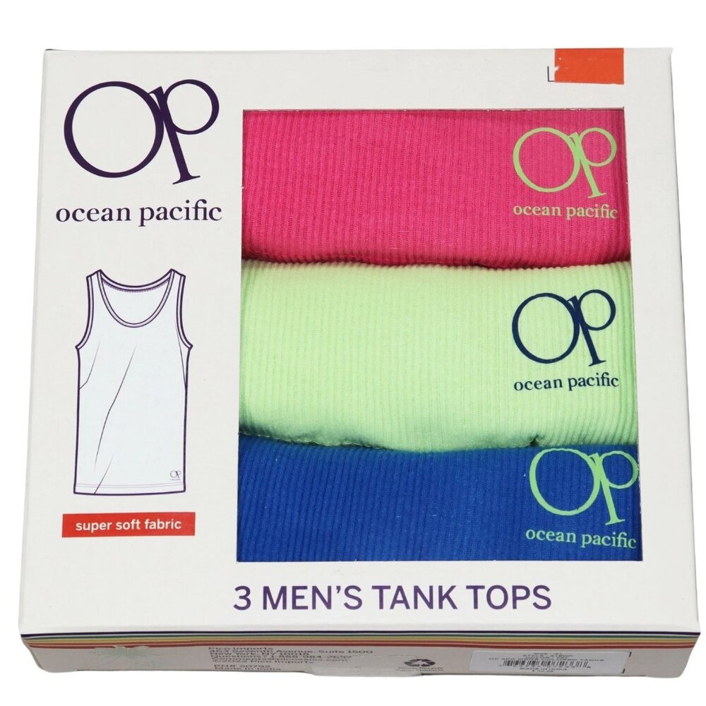 OP Ocean Pacific 3-Pack Asst Colors Ribbed Tagless Logo Hem Men's Tank Tops NIB